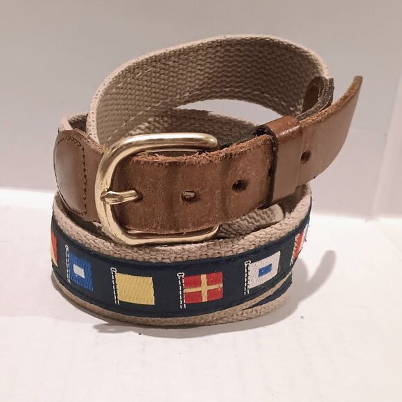 Leather Man Ltd Nautical Flags Belt-Canvas-Leather-Brass Buckle-Sailing-Prep - Picture 1 of 9